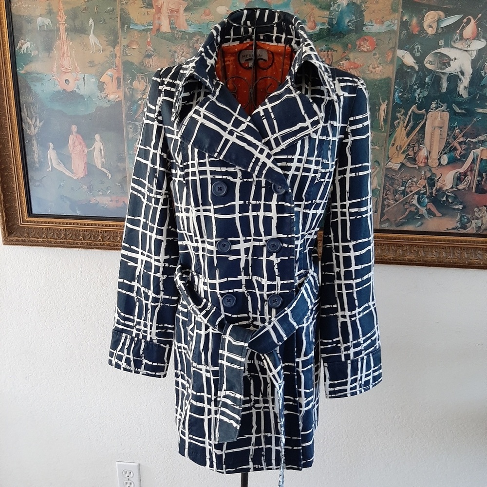 Merona women's short trench coat blue/white sz M